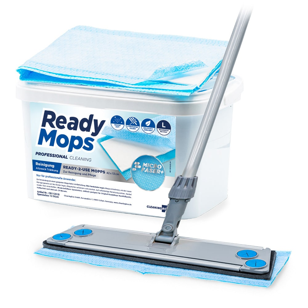 ReadyMops L – vorgetränkter Einweg-Reinigungsmopp mit Spenderbox und Mopphalter